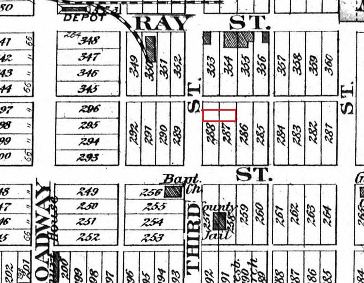 The location of the Carey property overlaid onto the 1875 Tuscarawas County Atlas map of New Philadelphia, Ohio. (Source: ancestry.com)