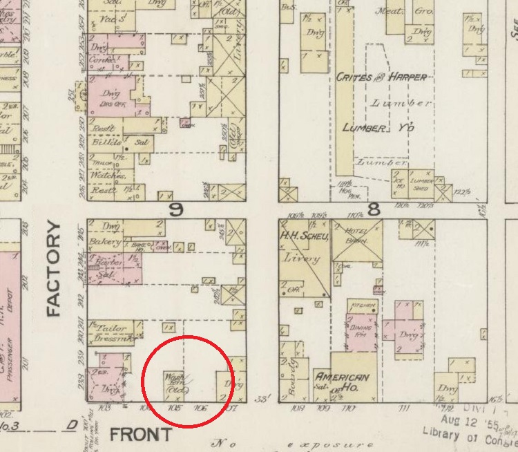 The Pfeiffer property (empty) as depicted on the 1887 Sanborne Fire Insurance Map for Dover, Ohio. (Source: loc.gov)
