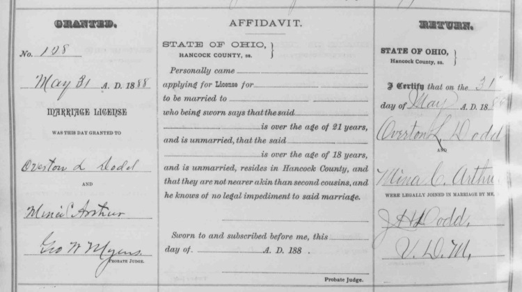 Overton Dodd's first marriage, to Mina Arthur, recorded in the Hancock County, Ohio records, May 1888. (Source: familysearch.org)