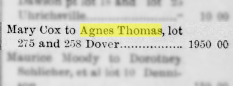 Agnes Thomas's purchase of the lot that became her saloon, and later Pfeiffer's, reported in the New Philadelphia newspaper, August 1892. (Source: newspaperarchive.com)