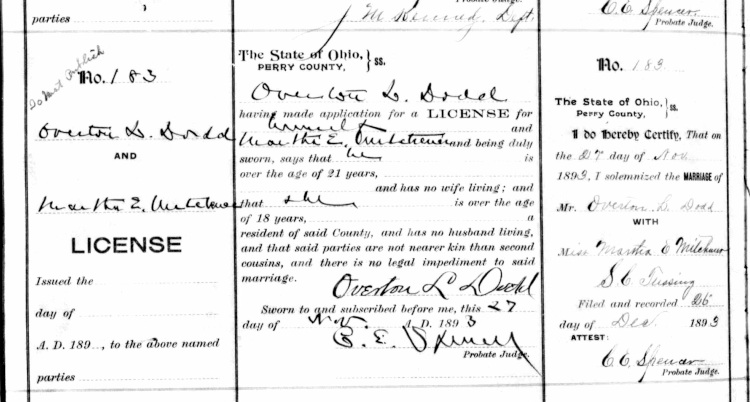 Overton Dodd's second marriage, to Martha Mitchener, recorded in the Perry County, Ohio records, November 1893. (Source: familysearch.org)