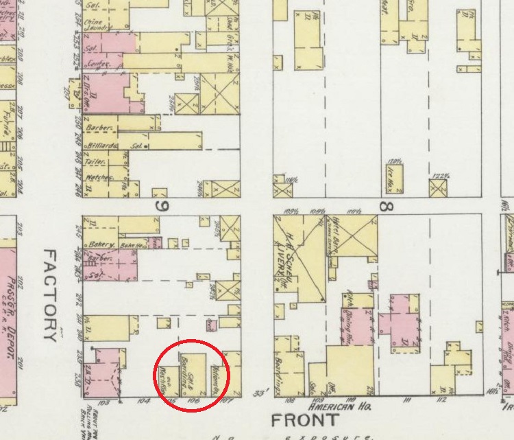 The Pfeiffer property as depicted on the 1893 Sanborne Fire Insurance Map for Dover, Ohio. Now showing the saloon and boarding house. (Source: loc.gov)