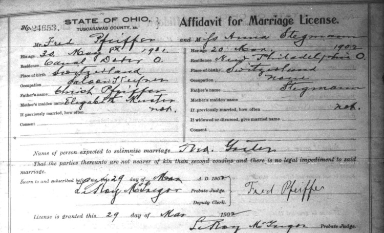Record of the marriage of Fred Pfeiffer and Anna Stegman, March 1902. (Source: familysearch.org)
