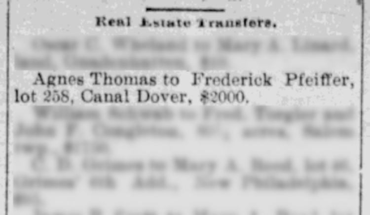 Fred Pfeiffer's purchase of Agnes Thomas's saloon and lot, May 1902. (Source: newspaperarchive.com)