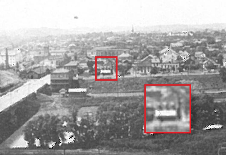Detail from a 1910 panoramic photograph of West Front Street in Dover, Ohio showing the Pfeiffer saloon's appearance.
