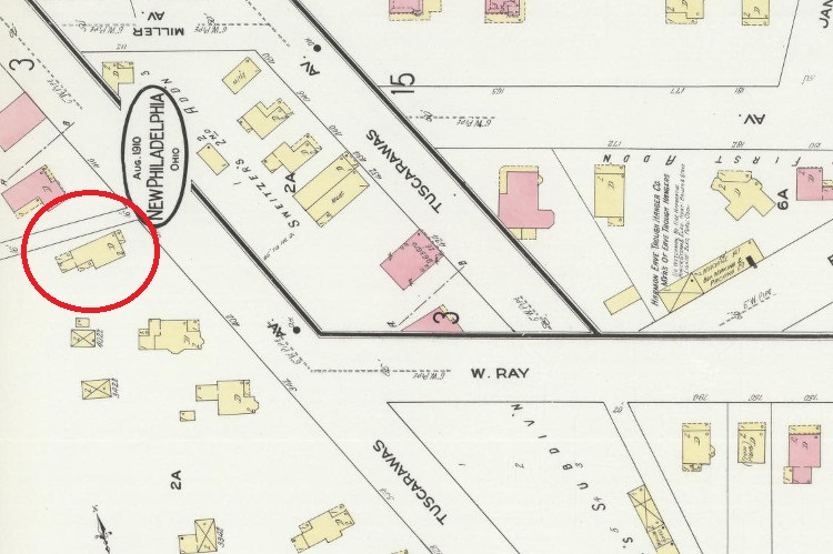 The Nabor House shown on the 1910 Sanborne Fire Insurance Map for New Philadelphia, Ohio. (Source: loc.gov)