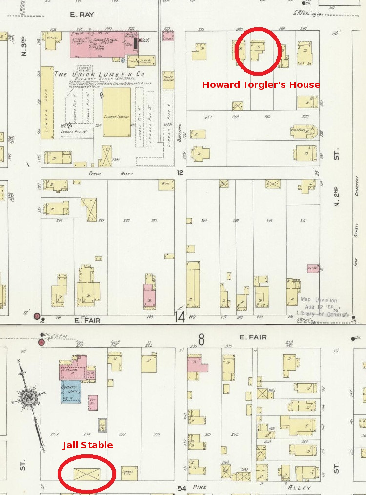 The location of Howard Torgler's home on East Ray Street as shown on the 1910 Sanborne Fire Insurance Map for New Philadelphia, Ohio. (Source: loc.gov)