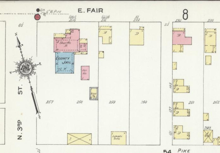 The Tuscarawas County Jail and outbuildings depicted on the 1910 Sanborne Fire Insurance Map for New Philadelphia, Ohio. (Source: loc.gov)
