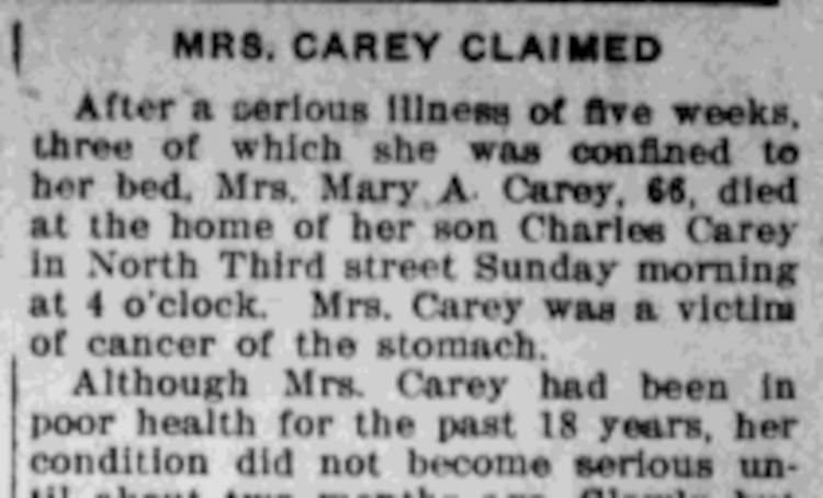 Mary Young Carey's death reported in a New Philadelphia, Ohio newspaper, June 1912. (Source: newspaperarchive.org)