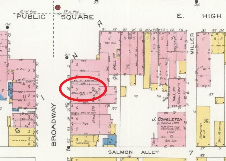 The location of Clyde E. Eichel's meat market on South Broadway from the 1926 Sanborne Fire Insurance Map. (Source: loc.gov)