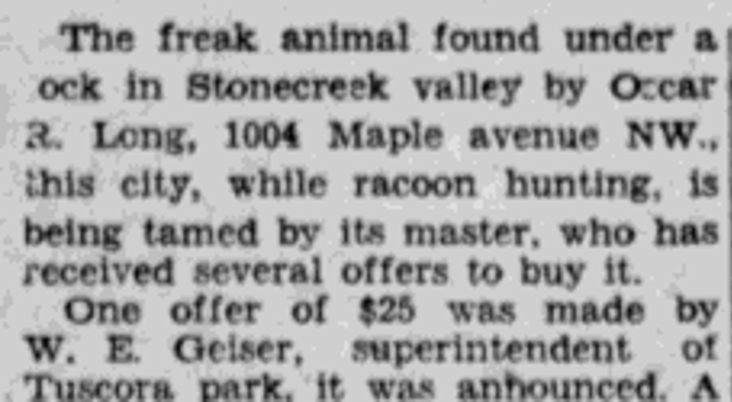 Description of how Oscar R. Long found the "freak animal" from the New Philadelphia newspaper, February 1930. (Source: newspaperarchive.com)