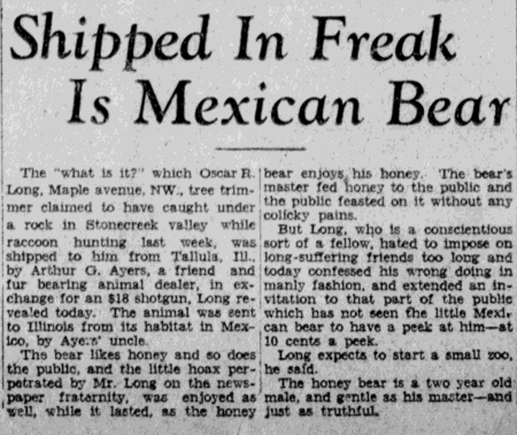Article in the New Philadelphia newspaper reporting the true story behind the animal "found" by Oscar Long, February 1930. (Source: newspaperarchive.com)