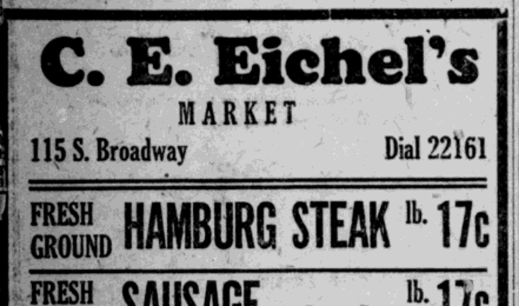 Advertisement for Clyde E. Eichel's meat market on South Broadway found in a New Philadelphia newspaper, March 1930. (Source: newspaperarchive.com)