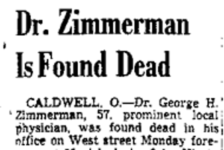 Dr. George H. Zimmerman's death reported in the Zanesville newspaper, October 1934. (Source: newspaperarchive.com)