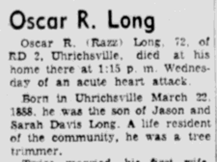 Oscar Long's obituary in the New Philadelphia newspaper, June 1960. (Source: newspaperarchive.com)