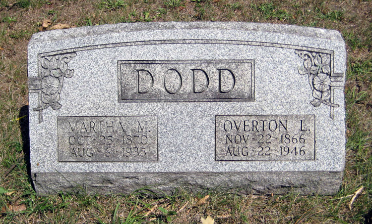 Overton and Martha Dodd headstone in Dodd family plot at Fair Street Cemetery, New Philadelphia, Ohio, 2012. (Source: findagrave.com)