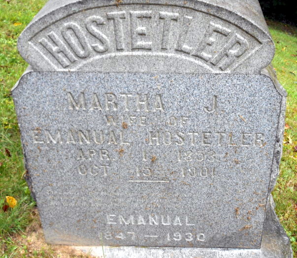Martha J. Hostetler Hensel's headstone in Zoarville Cemetery in Zoar, Ohio, 2014. (Source: findagrave.com)
