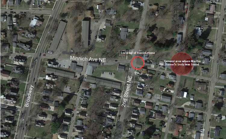 The location of the Hensel House and the area where Martha Hensel's body was discovered overlaid on a modern map of New Philadelphia, OH. (Source: google.com)