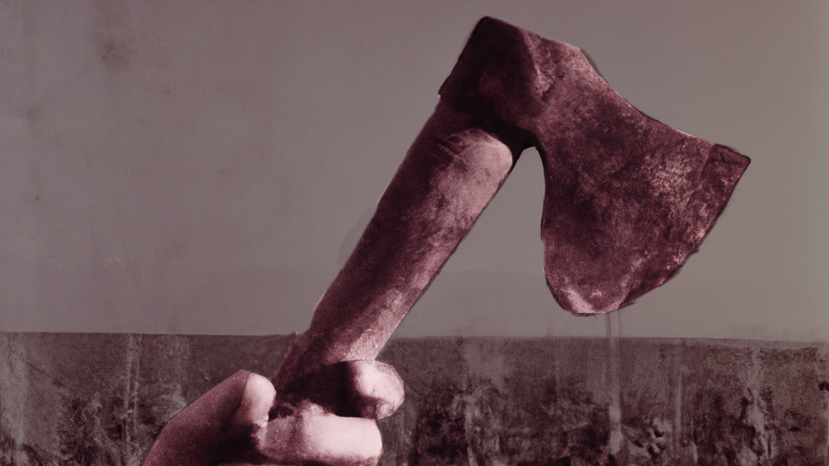 DALL·E 2023-03-01 08.49.40 - A close-up photograph taken in 1901 of a hand holding a small hand axe with bloodstains on it with a harvested cornfield in the background.