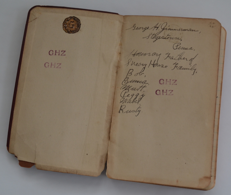 Inside the cover of the journal, giving George H. Zimmerman's information along with the names of his housemates, and his stamp.