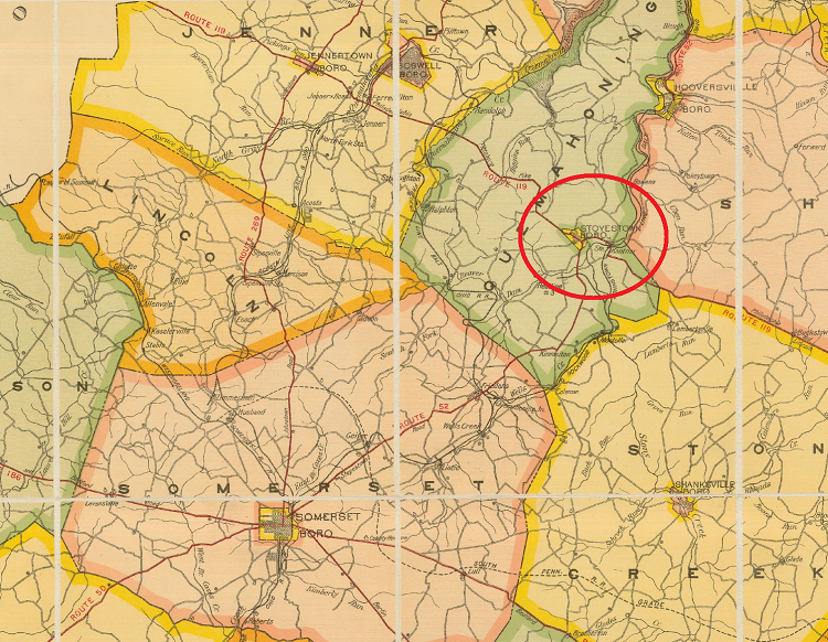Map of Somerset County, Pennsylvania with Stoyestown circled, 1915. (Source: www.penndot.pa.gov)