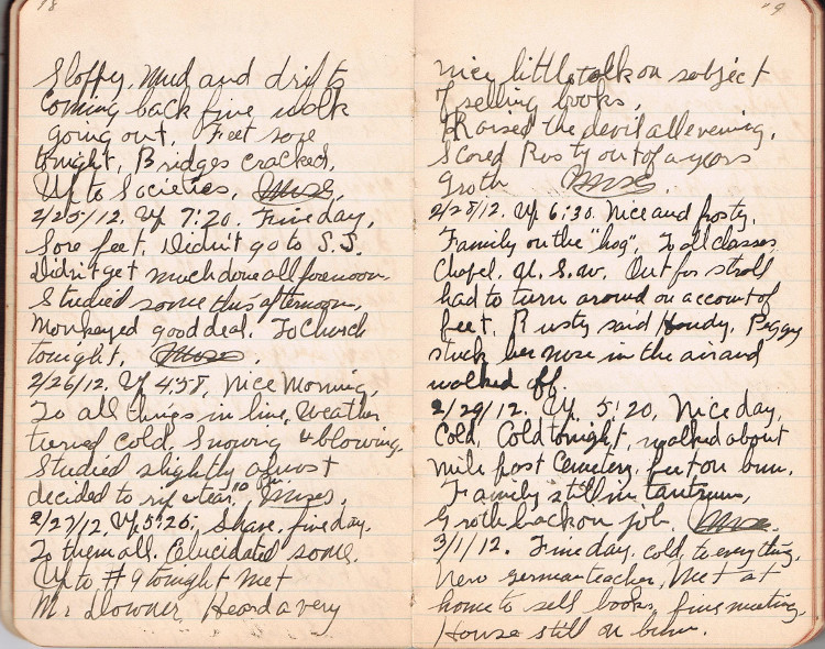 Entries from George H. Zimmerman's 1912 journal.