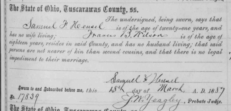 Samuel Hensel's marriage to Frances Wilson recorded in Tuscarawas County records, March 1887. (Source: familysearch.org)