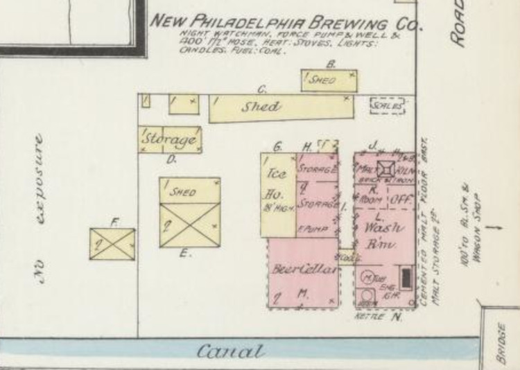 The New Philadelphia Brewing Company depicted on the 1887 Sanborn Fire Insurance Map. (Source: loc.gov)