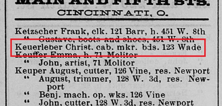 Christian Keuerleber recorded in the 1893 directory for the city of Cincinnati, Ohio. (Source: ancestry.com)
