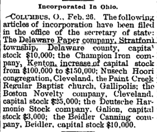 Announcement in the Wooster, Ohio newspaper of the incorporation of the Beidler Canning Company, February 1894. (Source: newspaperarchive.com)