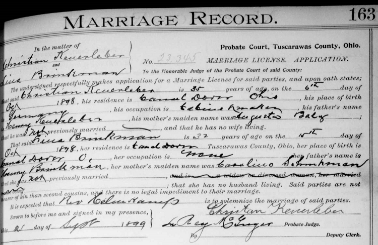 Tuscarawas County record of the marriage of Christian Keuerleber and Magdalena Brinkman, September 1899. (Source: familysearch.org)