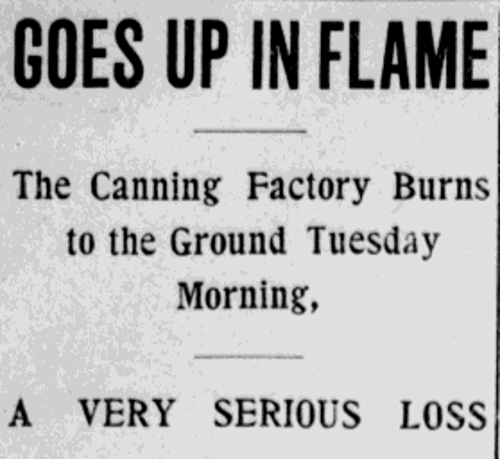 Report in the newspaper of the fire at the Beidler Canning Company factory in New Philadelphia, Ohio, June 1900. (Source: newspaperarchive.com)