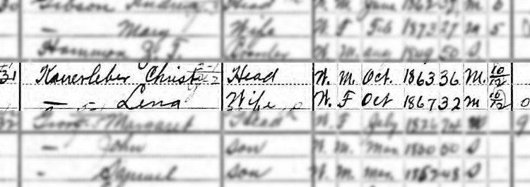 Christian and Lena Keuerleber recorded on the 1900 Census for the city of Dover. They were living on 4th Street at the time. (Source: familysearch.org)
