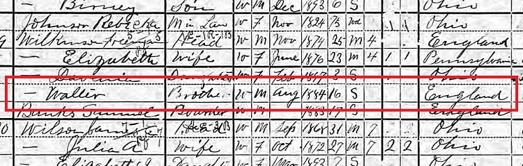 Walter Wilkinson recorded in the 1900 census as living with his brother in Union Township with his birthplace recorded as England. (Source: familysearch.org)