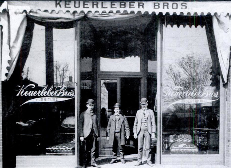 The Keuerleber Bros. store front on Third Street in Dover, Ohio. Photo courtesy of the Dover Historical Society. (Source: www.doverhistory.org/dover-historical-society-archives.html)