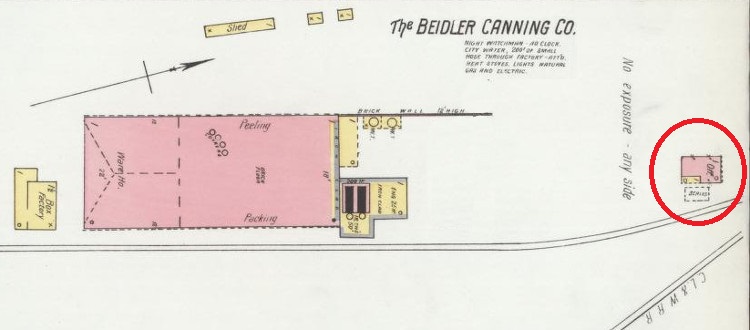 The Beidler Canning Company property off West Front Street, New Philadelphia Ohio depicted on the 1901 Sanborne Map. The building circled was the company office. (Source: loc.gov)