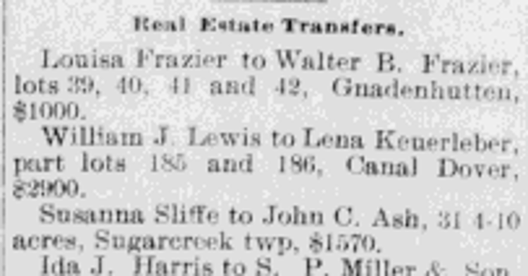 The Keuerleber's purchase of the house and lots on the corner of Walnut and West 4th Street, Dover, April 1902. (Source: newspaperarchive.com)