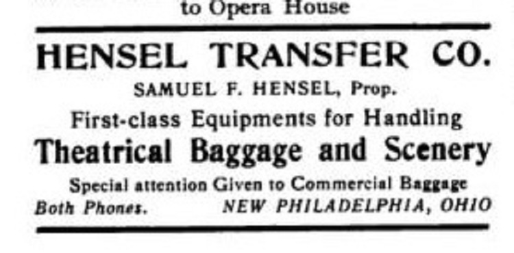 Samuel Hensel advertising his transfer business in the 1905-1906 Julius Cahn's Official Theatrical Guide. (Source: archive.org)