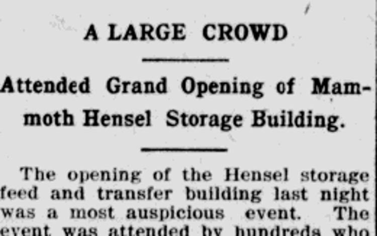 Newspaper article reporting on the grand opening of the Hensel Transfer and Storage building, October 1907. (Source: newspaperarchive.com)