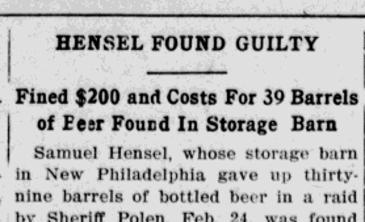 Newspaper article reporting Samuel Hensel's guilty verdict after the raid on the Hensel Transfer and Storage building, March 1911. (Source: newspaperarchive.com)