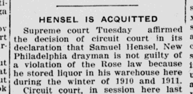 Newspaper article reporting the decision of the Ohio Supreme Court rejecting the state's appeal of Samuel Hensel's not guilty verdict by the Circuit Court, March 1912. (Source: newspaperarchive.com)