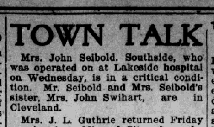 New of Roseltha Seibold's treatment at a hospital in Cleveland. By the time this printed, she had already died, July 1913. (Source: newspaperarchive.com)