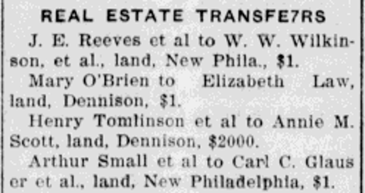 Newspaper announcement of the Walter Wilkinson's purchase of the lot at the corner of Park and Boulevard in New Philadelphia, October 1915. (Source: newspaperarchive.com)