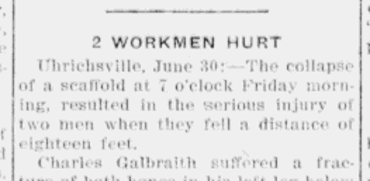 Newspaper account of the injuries of two of Ira Roby's slate roofers who fell from scaffolding around the roof of William Baker's home, July 1916. (Source: newspaperarchive.com)