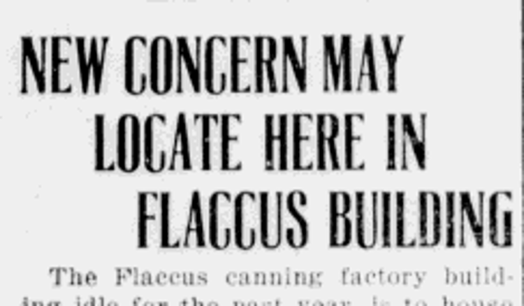 The New Philadelphia newspaper announcement of the purchase of the Flaccus cannery by the Phelps Canning Company, October 1919. (Source: newspaperarchive.com)