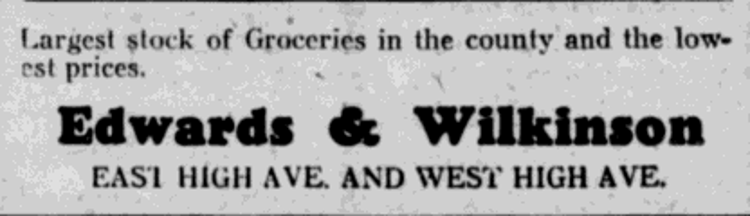 Newspaper advertisement for the Edwards & Wilkinson grocery of Walter Wilkinson and his brother-in-law, May 1931. (Source: newspaperarchive.com)