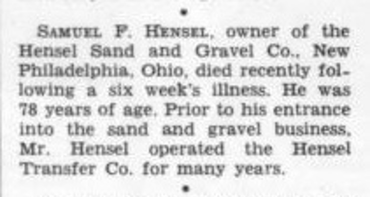 Samuel F. Hensel's obituary in the June issue of Rock Products magazine, June 1944. (Source: google.com)