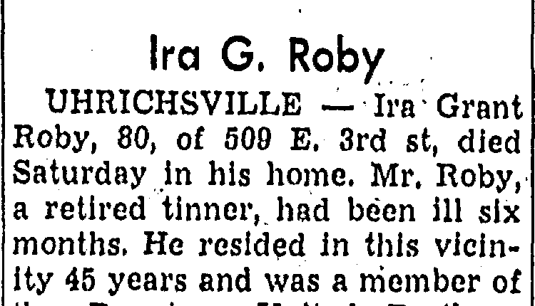 Report of Ira Roby's death in the Canton newspaper, April 1947. (Source: genealogybank.com)
