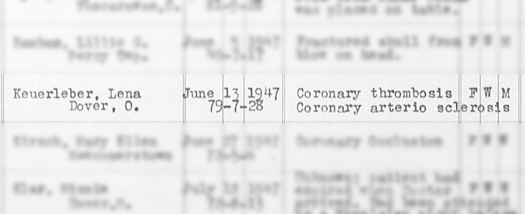 Lena Keuerleber's county death record, June 1947. (Source: familysearch.org)