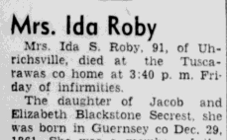 Ida Roby's obituary in the New Philadelphia newspaper, February 1953. (Source: newspaperarchive.com)